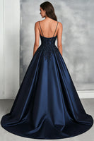 Load image into Gallery viewer, Navy A Line Satin V-Neck Long Prom Dress with Lace Appliques
