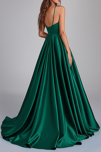 Dark Green A Line Satin V-Neck Long Prom Dress with Slit