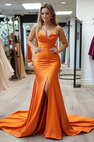 Load image into Gallery viewer, Satin Orange Mermaid Ruched Long Prom Dress with Slit