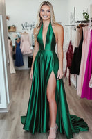 Load image into Gallery viewer, Satin Dark Green A Line V-Neck Long Prom Dress with Slit