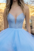 Load image into Gallery viewer, Sky Blue Tulle High-Low Tiered Long Prom Dress with Appliques