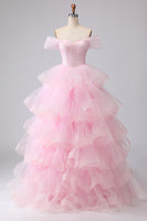 Load image into Gallery viewer, Pink Ball Gown A Line Tulle Off the Shoulder Tiered Long Quinceanera Dress with Ruffles