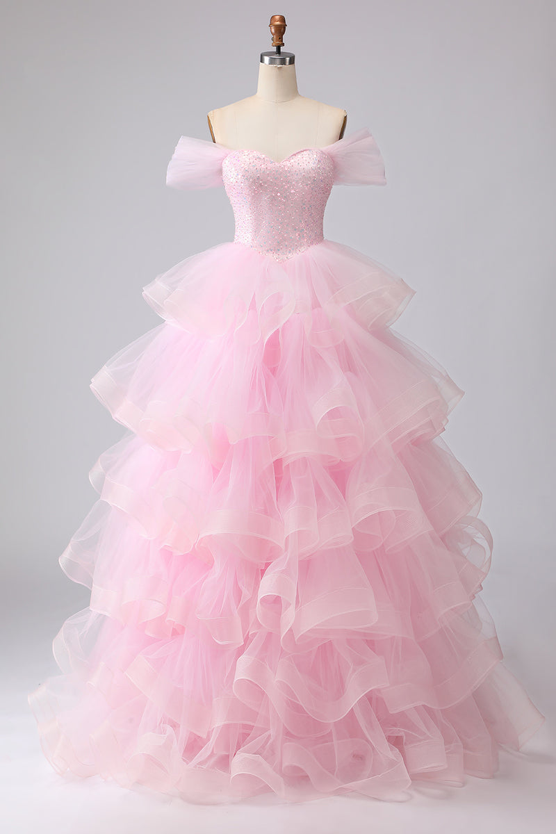 Load image into Gallery viewer, Pink Ball Gown A Line Tulle Off the Shoulder Tiered Long Quinceanera Dress with Ruffles