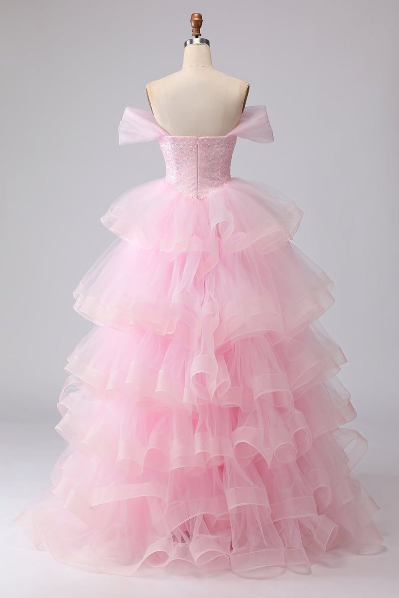 Load image into Gallery viewer, Pink Ball Gown A Line Tulle Off the Shoulder Tiered Long Quinceanera Dress with Ruffles
