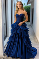 Load image into Gallery viewer, Navy A Line Strapless Tulle Long Prom Dress