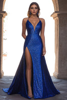 Load image into Gallery viewer, Sparkly Royal Blue Mermaid Sequins Long Prom Dress with Slit