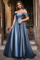 Load image into Gallery viewer, Dusty Blue A Line Off the Shoulder Satin Long Prom Dress