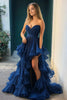 Load image into Gallery viewer, Navy A Line Tiered Tulle Long Prom Dress with Slit