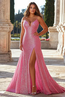 Load image into Gallery viewer, Sparkly Pink Mermaid Sequins Long Prom Dress with Slit