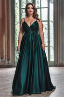 Load image into Gallery viewer, Dark Green A Line Ruched Satin Long Prom Dress with Cape