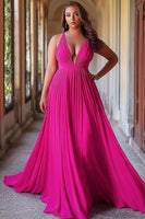 Load image into Gallery viewer, Fuchsia A Line Pleated V-Neck Long Prom Dress