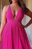 Load image into Gallery viewer, Fuchsia A Line Pleated V-Neck Long Prom Dress