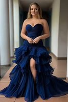 Load image into Gallery viewer, Navy Strapless Tulle Tiered Long Prom Dress with Slit