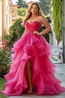 Load image into Gallery viewer, Fuchsia A Line Tiered Long Tulle Prom Dress with Slit