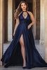 Load image into Gallery viewer, Navy A Line Halter Satin Long Prom Dress with Slit