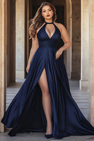 Load image into Gallery viewer, Navy A Line Halter Satin Long Prom Dress with Slit