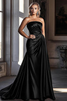 Load image into Gallery viewer, Black Sheath Ruched Satin Long Prom Dress