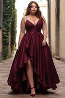 Load image into Gallery viewer, Burgundy A Line Satin Asymmetrical Long Prom Dress