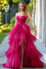 Load image into Gallery viewer, Fuchsia A Line Asymmetrical Tulle Long Prom Dress with Slit
