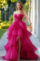 Load image into Gallery viewer, Fuchsia A Line Asymmetrical Tulle Long Prom Dress with Slit