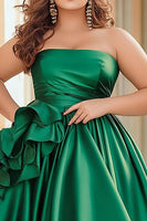 Load image into Gallery viewer, Green A Line Satin Long Prom Dress with Ruffles