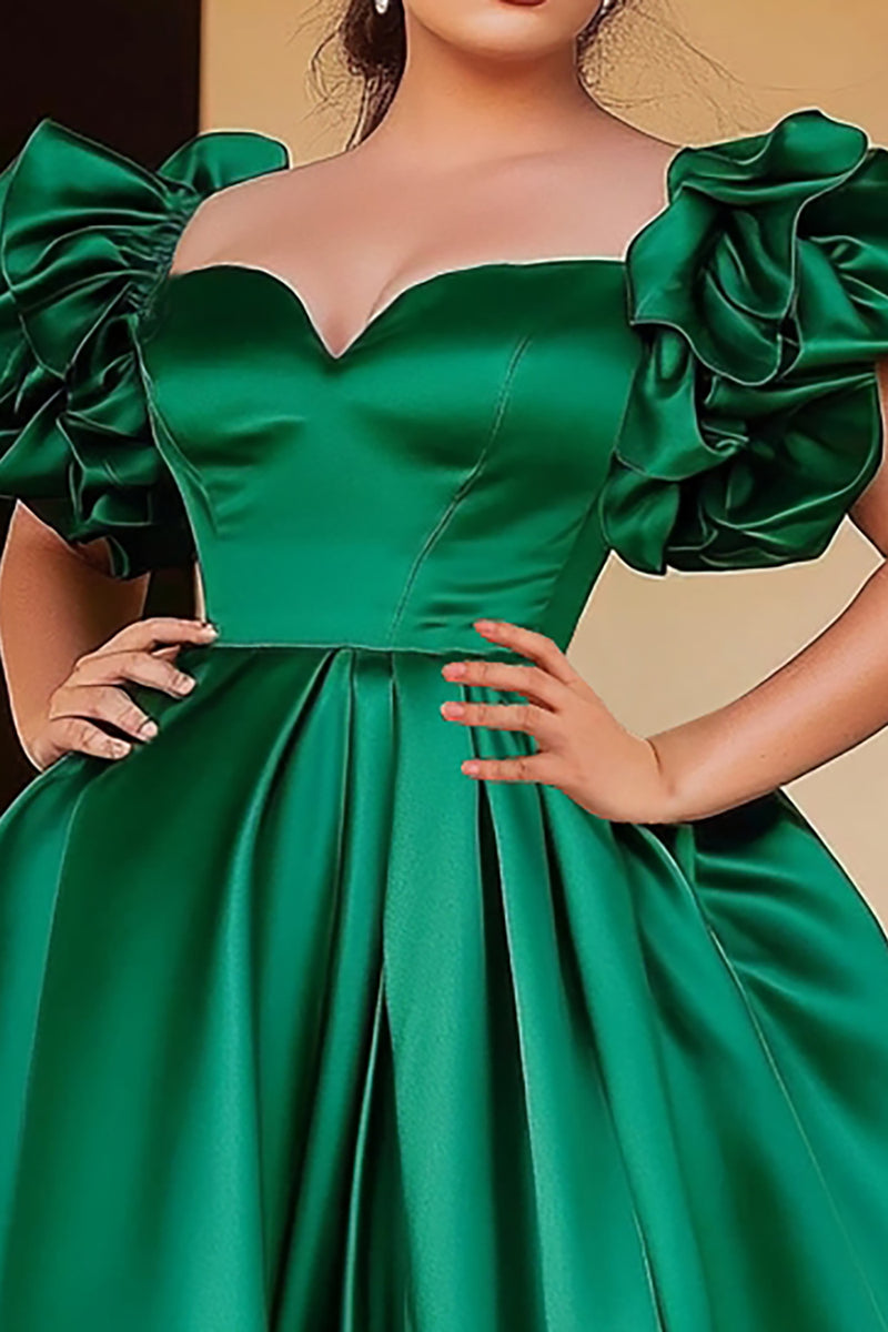 Load image into Gallery viewer, Plus Size Green A Line Satin Long Prom Dress with Puff Sleeves