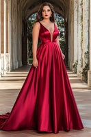 Load image into Gallery viewer, Red A Line Satin Deep V-Neck Long Prom Dress