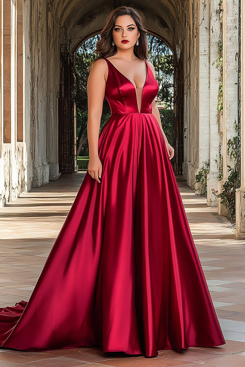 Load image into Gallery viewer, Red A Line Satin Deep V-Neck Long Prom Dress