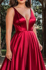 Load image into Gallery viewer, Red A Line Satin Deep V-Neck Long Prom Dress