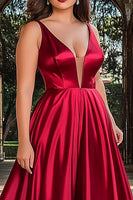 Load image into Gallery viewer, Red A Line Satin Deep V-Neck Long Prom Dress