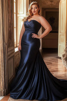 Load image into Gallery viewer, Navy Mermaid Satin Ruched Long Prom Dress