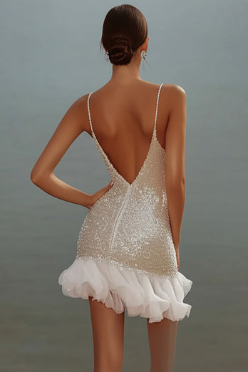 Sparkly White Bodycon Sequins V-Neck Graduation Dress