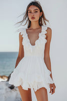 Load image into Gallery viewer, White Chiffon Mini V-Neck Pleated Graduation Dress with Ruffles