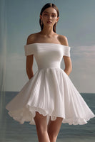 Load image into Gallery viewer, White Chiffon Mini Off the Shoulder Graduation Dress