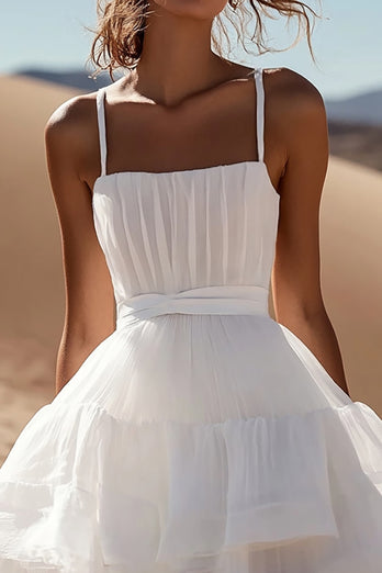 White Organza A Line Spaghetti Straps Pleated Mini Graduation Dress