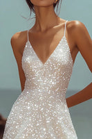 Load image into Gallery viewer, Sparkly White Sequins Mini V-Neck Graduation Dress with Ruffles