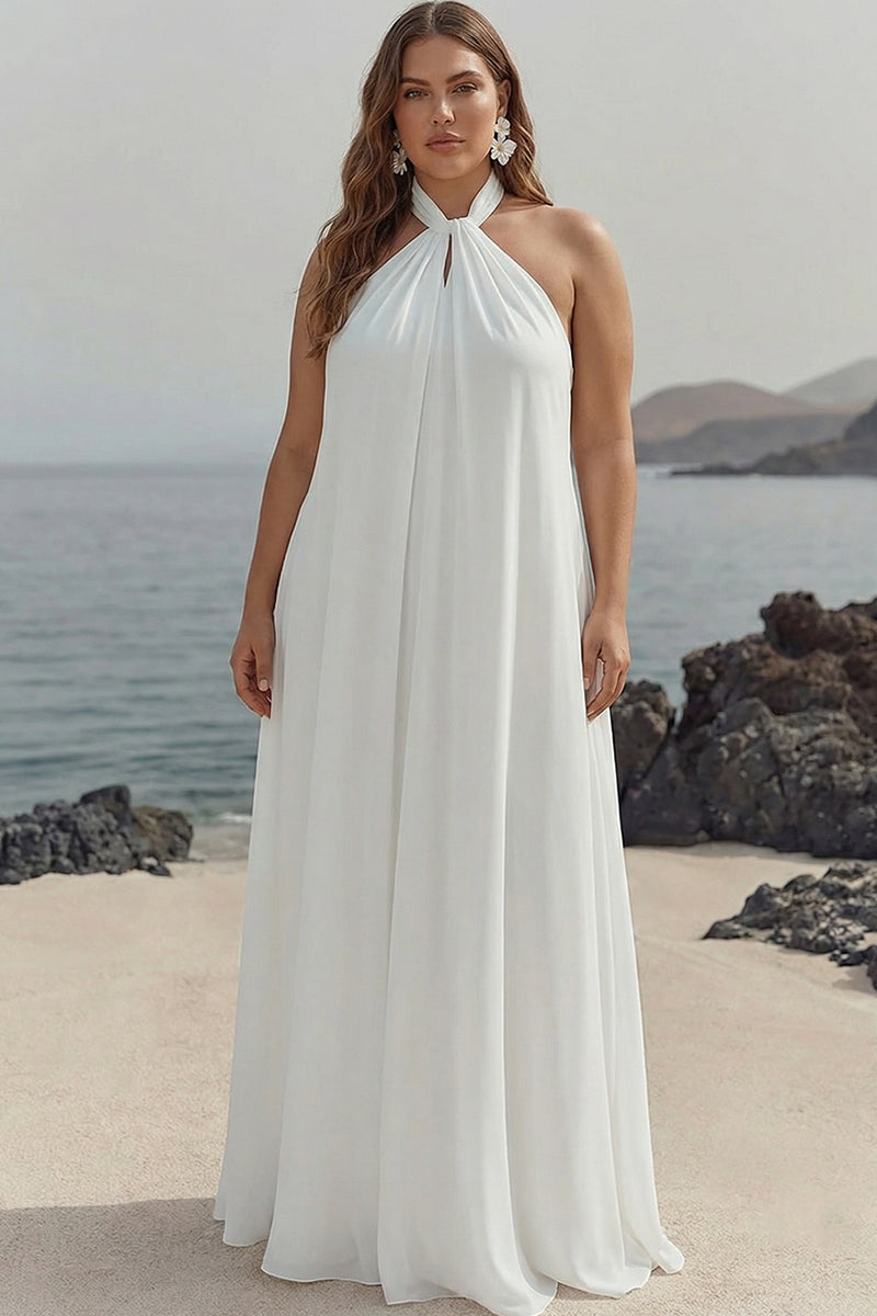 Queendancer Women Plus Size White Chiffon Long Rehearsal Dinner Dress Halter A Line Backless Pleated Engagement Dress – queendancer