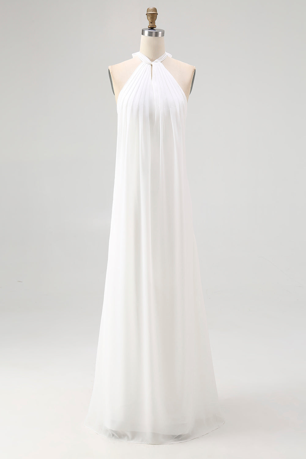 Queendancer Women White A Line Long Rehearsal Dinner Dress Pleated Chiffon Halter Engagement Dress