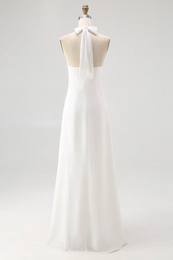 White A Line Halter Chiffon Long Rehearsal Dinner Dress