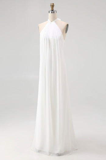 White A Line Halter Chiffon Long Rehearsal Dinner Dress
