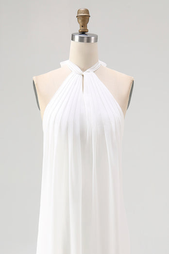 White A Line Halter Chiffon Long Rehearsal Dinner Dress