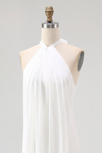 White A Line Halter Chiffon Long Rehearsal Dinner Dress