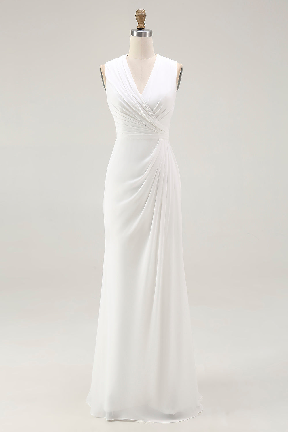 White Chiffon Sheath Ruched V-Neck Long Rehearsal Dinner Dress