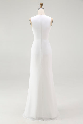 White Chiffon Sheath Ruched V-Neck Long Rehearsal Dinner Dress