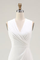 Load image into Gallery viewer, White Chiffon Sheath Ruched V-Neck Long Rehearsal Dinner Dress