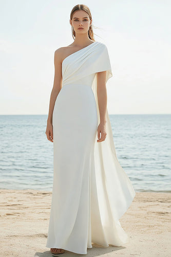 Elegant White Chiffon Sheath One Shoulder Rehearsal Dinner Dress