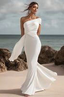 Load image into Gallery viewer, White Chiffon Mermaid One Shoulder Ruched Rehearsal Dinner Dress