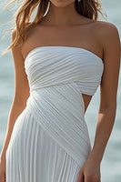 Load image into Gallery viewer, White Chiffon Sheath Strapless Rehearsal Dinner Dress with Slit