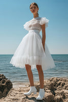 Load image into Gallery viewer, White Tulle Midi Graduation Dress with Ruffles