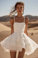Load image into Gallery viewer, White Organza Mini Spaghetti Straps Graduation Dress